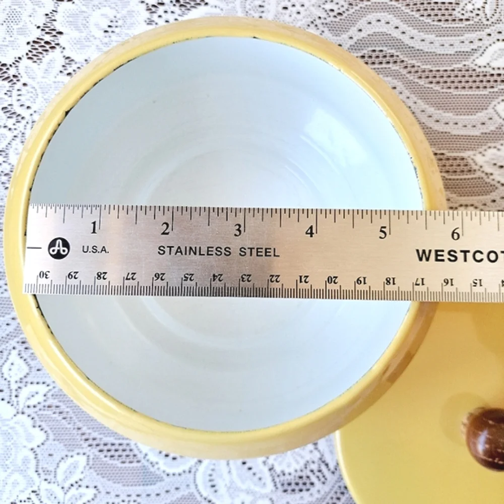 Vtg 60s MCM Mustard Yellow Enamel Fondue Pot w/ Lid Mod Dining Cookware Saucepan